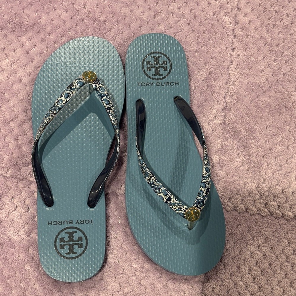 Tory Burch Teal and Navy Flip Flops